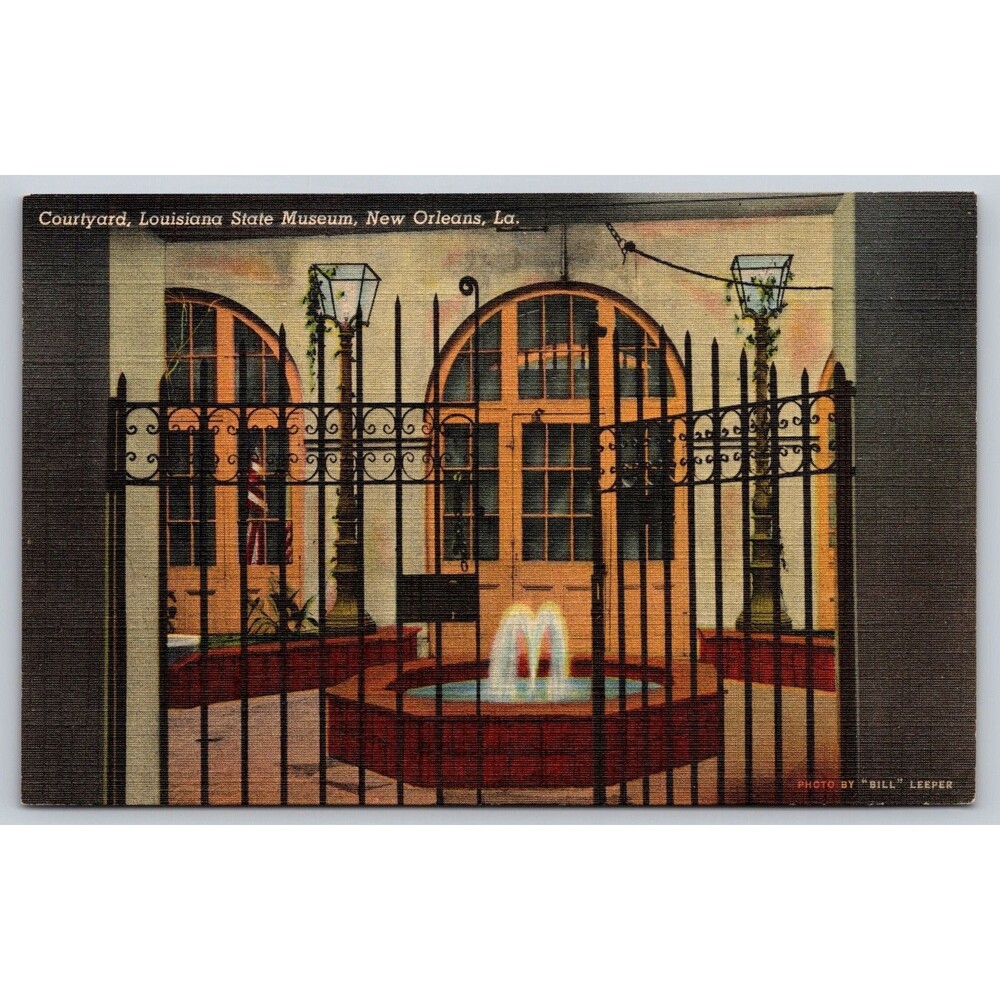 Postcard Louisiana New Orleans State Museum Courtyard Iron Gates Linen c1940s LA